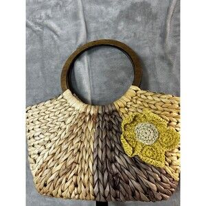 Boho Handbag Purse Braided Floral Bag Multicolor Crochet Wood Handle Cornhusk
